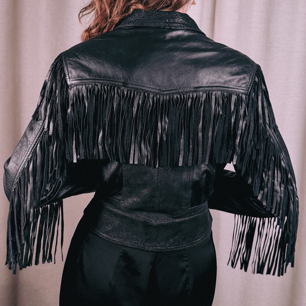 Vintage Black Leather Fringe Jacket, Cropped Western Cheetah Print Moto